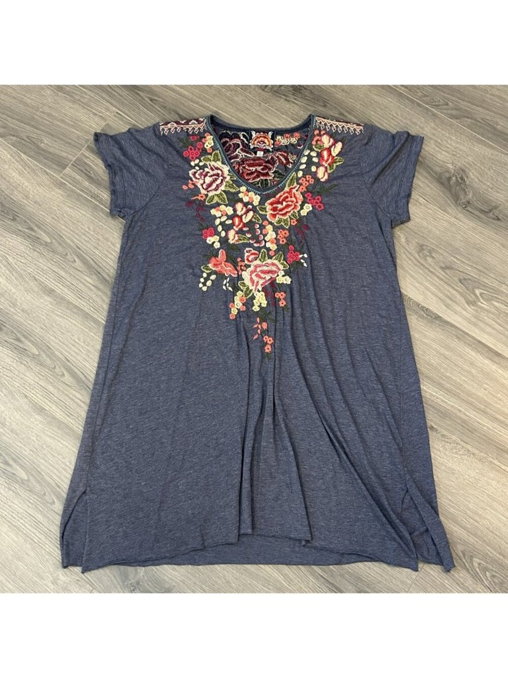 Johnny Was Dress Womens XL Blue Floral Embroidered T Shirt Short Sleeve Boho
